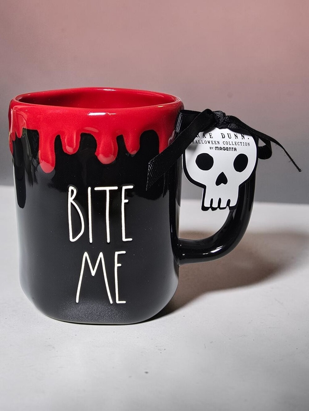 Rae Dunn BITE ME Halloween Red Drip Black Mug NWT
